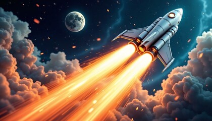 Rocket blasting off with intense flames and smoke trails in a dynamic digital illustration