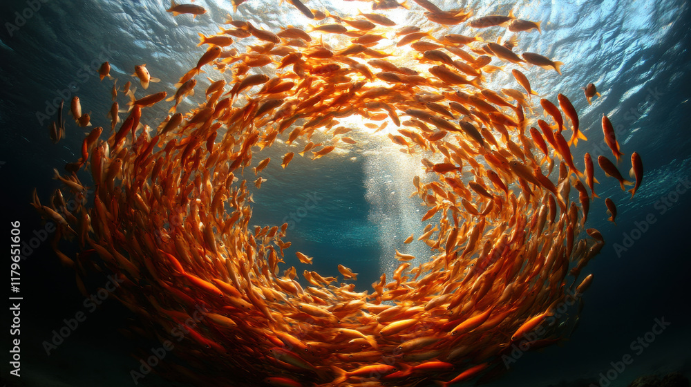 Aufkleber swirling shoal of fish forming intricate patterns underwater, creating mesmerizing display of moveme