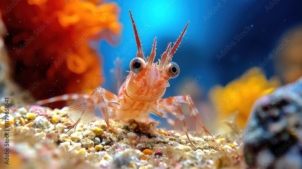 Poster close up view of tiny marine shrimp showcasing its intricate features and vibrant colors in colorful