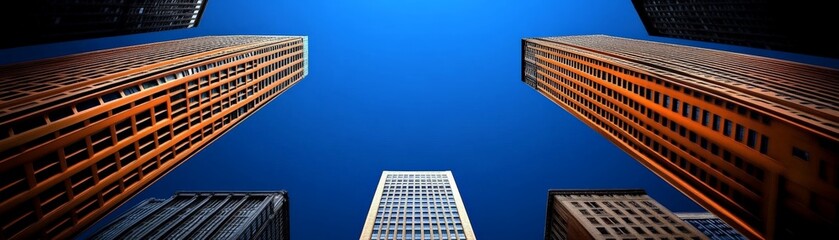 Reaching for the Sky:  Modern skyscrapers pierce a vibrant twilight sky, their towering forms creating a dramatic upward perspective.