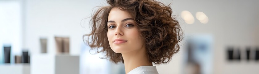 Fototapeta premium A curly wig styled in voluminous spirals, deep mahogany shade, displayed on a modern pedestal in a luxury showroom