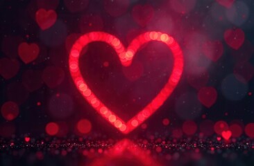 Red heart shape outline on dark blurred background with bokeh and highlights