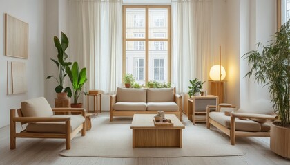Modern Minimalist Living Room Interior Design with Light Wood Furniture