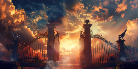 Ornate Iron Gates and Sunset Landscape
