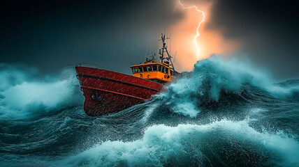 A dramatic scene of a fishing vessel braving turbulent seas under a lightning-filled sky. Concept of survival, courage, and the unpredictable force of the ocean