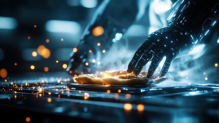 Person Working on Laptop Surrounded by Sparks Creating a Dynamic and Energetic Atmosphere in a Creative Workspace Setting