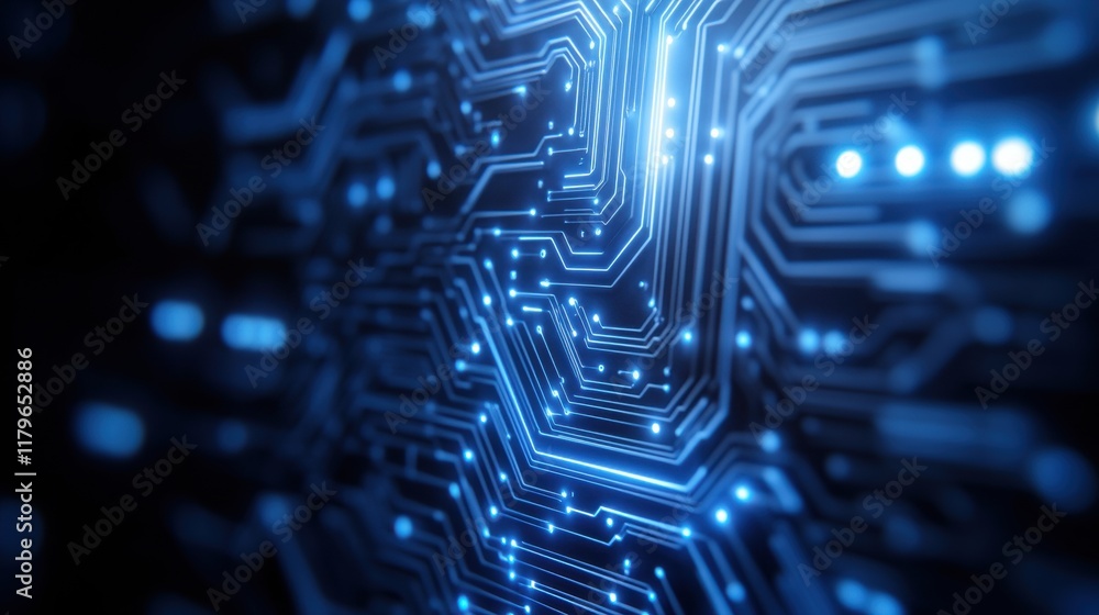 Poster intricate circuit board design with illuminated blue lights highlighting central component and compl