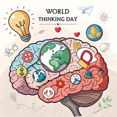 Fototapeta premium World Thinking Day Illustration Featuring a Brain with Gears,