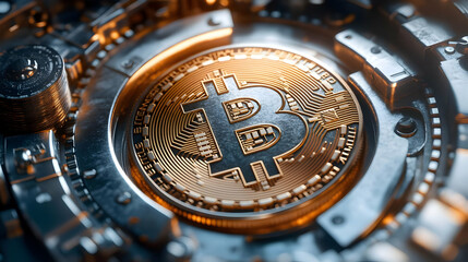 3D Illustration of Bitcoin in a Complex Mechanism