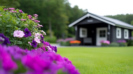 Vibrant purple flowers in foreground,  small black cabin in a lush green garden.