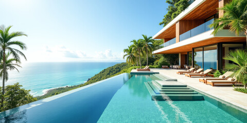 Fototapeta premium Modern villa in the tropics with a swimming pool overlooking the sea ocean