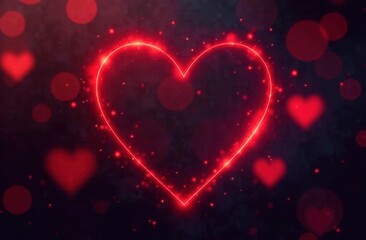Red heart shape outline on dark blurred background with bokeh and highlights