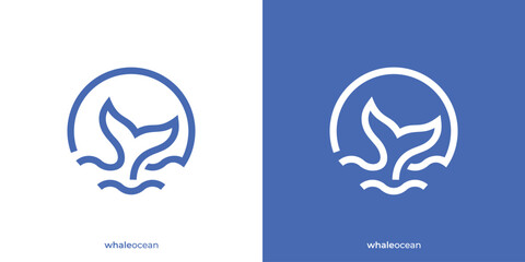 Simple Whale Tail Logo. Whale Tail Wave and Sun Icon Graphic. Blue Whale Logo Design Template.