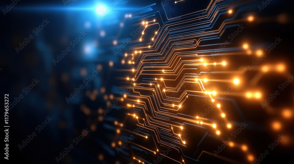 Poster intricate circuit board design with glowing led lights illuminating the electronic components in a m