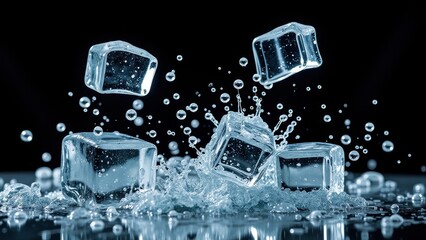 "Crystal clear ice cubes plummeting into a tranquil pool, releasing effervescent bubbles and creating miniature splashes against a sleek black backdrop."