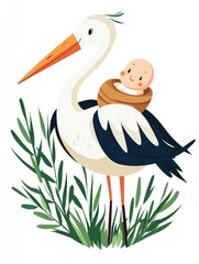Stork holding a baby in a blanket standing among green leaves on a white background, adorable cartoon-style illustration, ideal for nursery decor, baby shower invitations, and family posters..