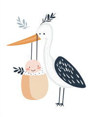 Stork holding a baby in a bundle on a white background, adorable cartoon-style illustration, ideal for baby shower invitations, nursery posters, and family-themed campaigns..