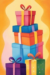 Stack of colorful gift boxes with ribbons on a warm yellow gradient background, festive-themed illustration, ideal for holiday posters, gift shop ads, and celebration promotions..