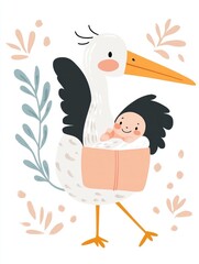 Stork carrying a smiling baby in a blanket on a white background, cute cartoon-style illustration, ideal for baby announcements, nursery posters, and family campaigns..