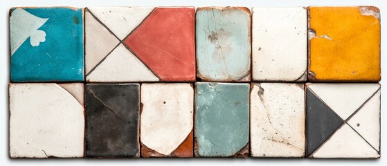 Colorful Vintage Ceramic Tiles Geometric Pattern Distressed Texture Rustic Design Home Decor