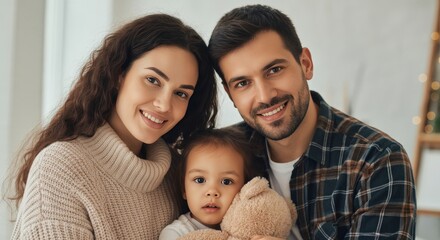 Fototapeta premium Cozy family moment with caucasian parents and child in warm setting