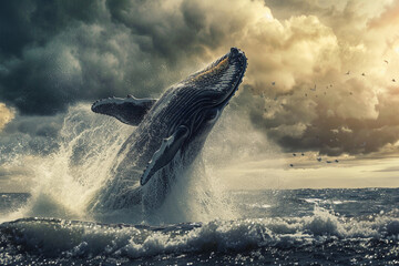 Fototapeta premium Fantastically beautiful majestic huge whale in deep blue ocean, abstract vivid composition consists of fictional unreal fantastic vision on background