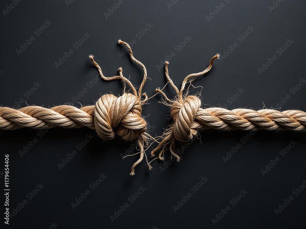 Poster A Frayed Rope Is Pulled Apart On A Textured Black Background With Copy Space As It Reaches Its Breaking Point. 00003