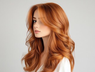 A sideswept fringe wig, in vibrant copper red, styled with subtle curls, placed on a contemporary display stand