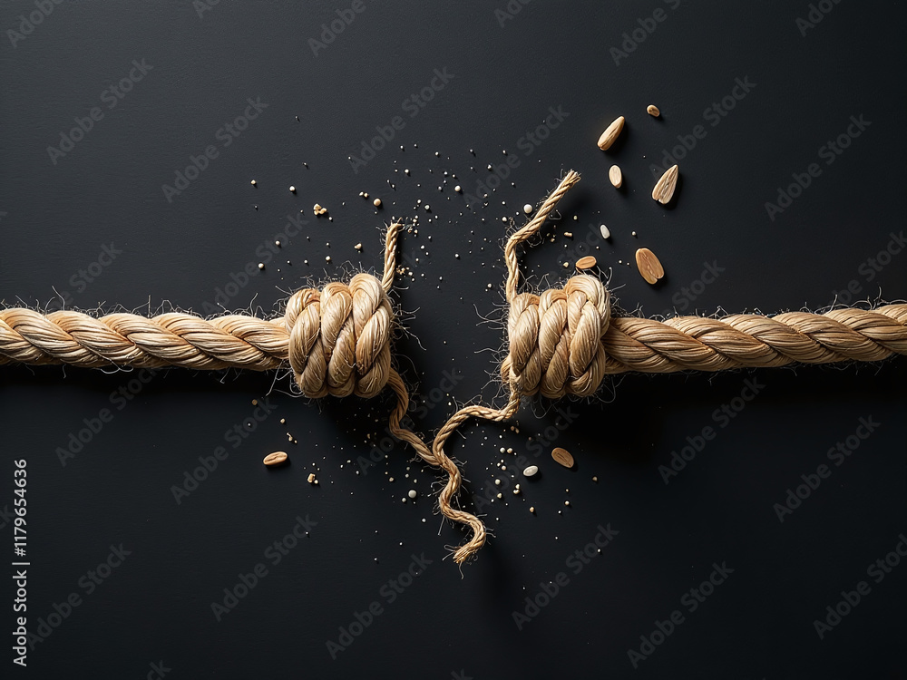 Aufkleber A Frayed Rope Is Pulled Apart On A Textured Black Background With Copy Space As It Reaches Its Breaking Point. 00001