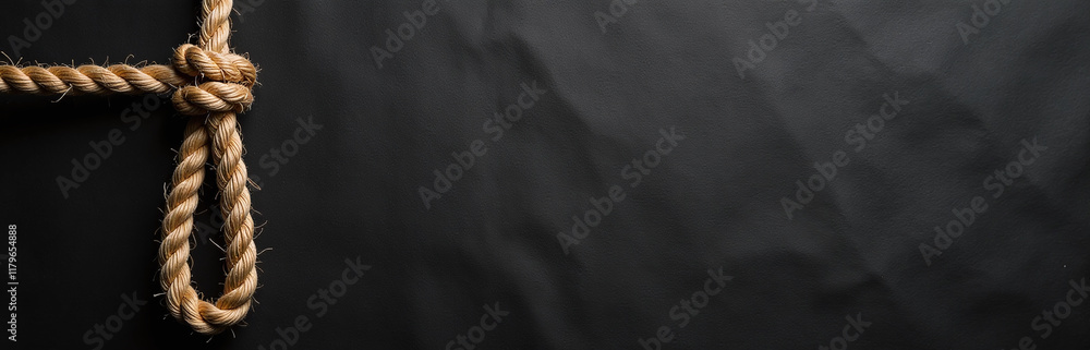 Poster a frayed rope hangs precariously against a textured black paper background with ample copy space ava