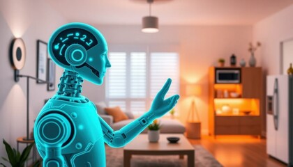 Smart Home, Futuristic Robot Assistant in Modern Living Room