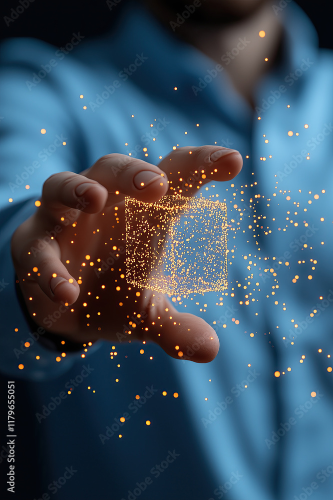 Poster hand holding glowing holographic cube with sparkling particles around it