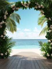 Fototapeta premium Tropical beach view framed by a floral arch with palm leaves and white flowers, leading to a calm ocean, illustration style, perfect for travel posters, summer designs, and nature-themed campaigns..