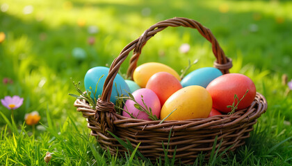 Colorful Easter eggs in a wicker basket on green grass