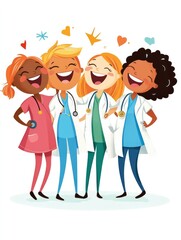 Happy group of female doctors and nurses standing together, smiling in a cheerful cartoon-style illustration, perfect for healthcare posters, hospital ads, and teamwork campaigns..