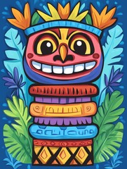 Smiling tiki totem surrounded by lush tropical foliage and vibrant leaves, cartoon-style illustration, ideal for posters, party ads, and exotic-themed designs..