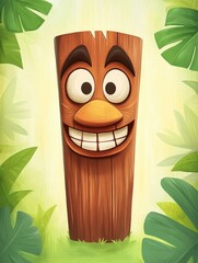 Cheerful wooden tiki face surrounded by tropical leaves on a bright green background, cartoon-style illustration, perfect for posters, party ads, and summer-themed campaigns..