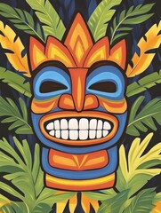 Colorful tiki mask surrounded by vibrant tropical leaves, cartoon-style illustration, ideal for party posters, summer events, and cultural-themed designs..