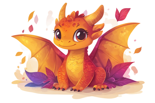 Adorable Dragon Character with Colorful Features and Leaves