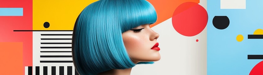 Fototapeta premium A wig stand featuring a short, edgy bob cut in electric blue, surrounded by abstract geometric elements