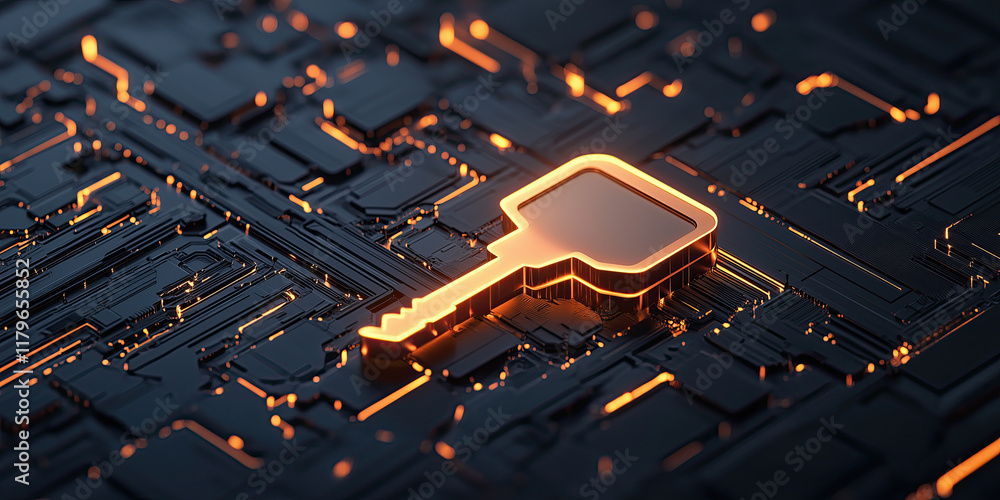 Aufkleber glowing key on circuit board symbolizes digital security and access