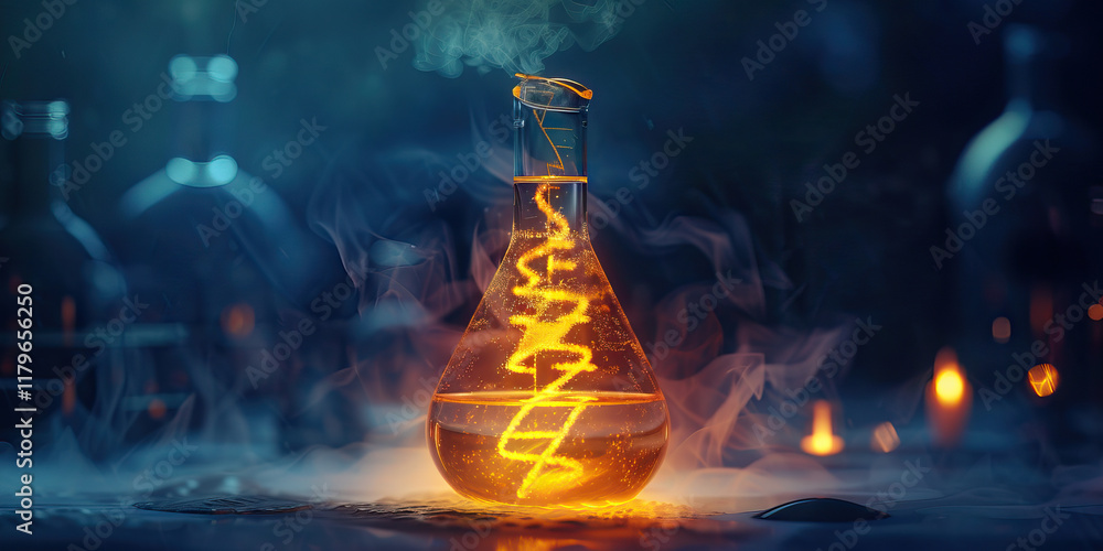 Poster erlenmeyer flask with glowing liquid and dna structure