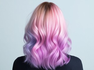 Naklejka premium An ombre synthetic wig, transitioning from purple to pink, styled in loose curls, displayed on a reflective glass stand