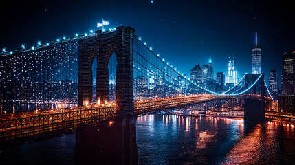 Fototapeta premium Spectacular Night View of the Iconic New York City Bridge and Skyline