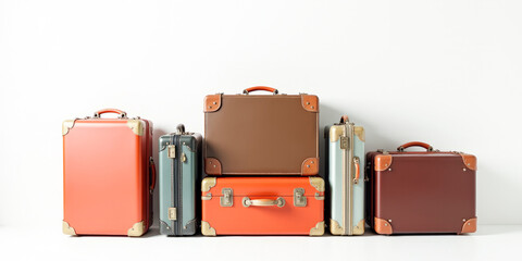 a stack of colorful vintage suitcases on a white background