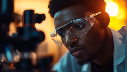 Young Scientist in a Modern Laboratory Setting, Focused on Research Using a Microscope