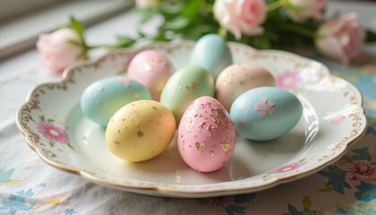 Obraz premium Pastel Easter eggs on a floral plate