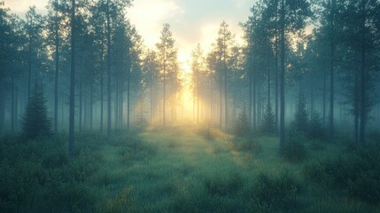 Obraz premium Sunlit misty pine forest path.