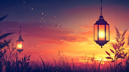 Glowing Ramadan lanterns under a stunning sunset background, peaceful evening atmosphere, extra space is provided for text
