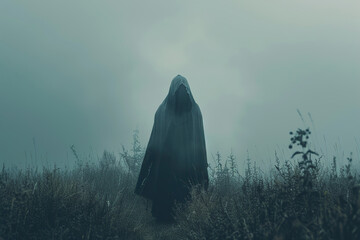 Scary grim reaper with sharp scythe in hell with dark dramatic color, abstract vivid composition consists of fictional unreal fantastic vision on background